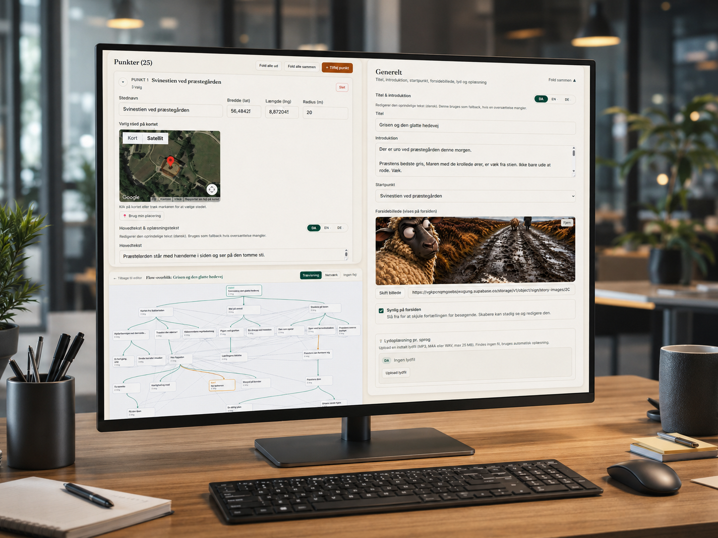 Skærmbillede af GoToStories skaberværktøj med kort, punkter og indholdssektioner