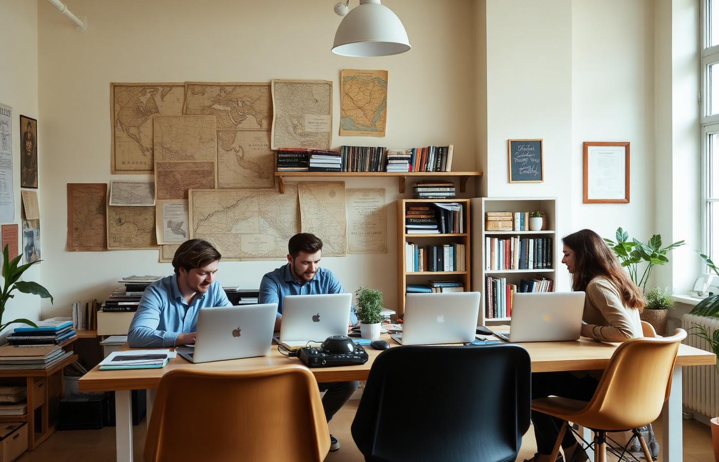GoToStories-teamet arbejder ved et bord med kort og bøger på væggen
