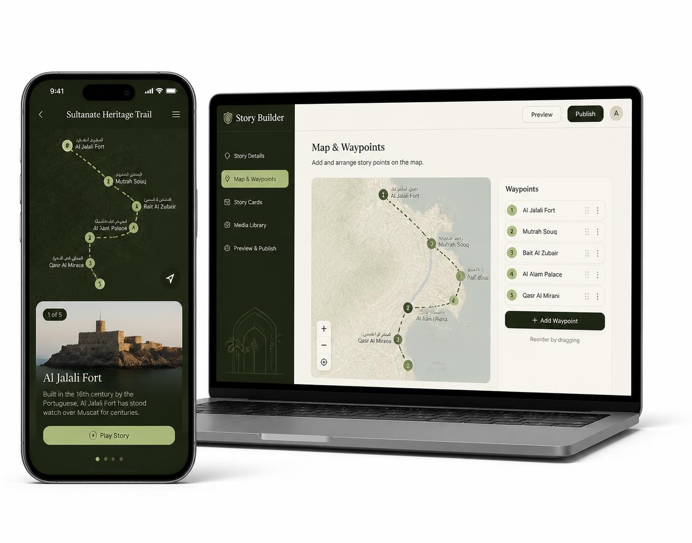 GoToStories-appen på en telefon med kort og GPS-punkter, ved siden af skaberværktøjet på en computer